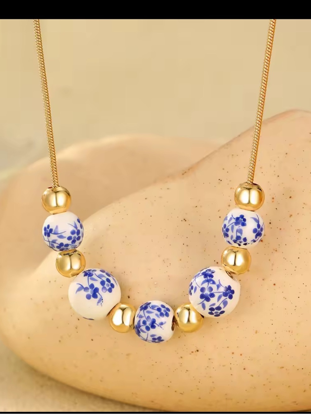 Gold Chain Necklace with Blue and White Floral Beads - Picture 8 of 8